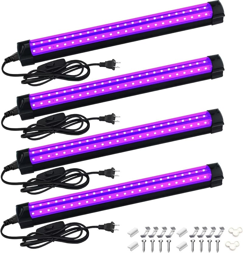 BOSITE 4 Pack 10W 48 LED Black Light Bars 1Ft 395-400nm UV Blacklight Tube with 5.9Ft Cord+Plug+Switch Linkable Black Light Fixtures for Bedroom Fluorescent Poster Body Paint Halloween Glow Party - Image 1
